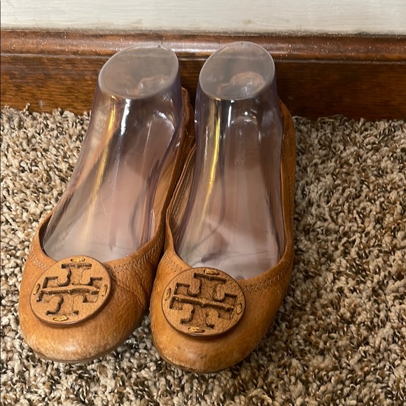 Tory Burch Shoes - Tory Burch Tan Flats with Iconic Logo